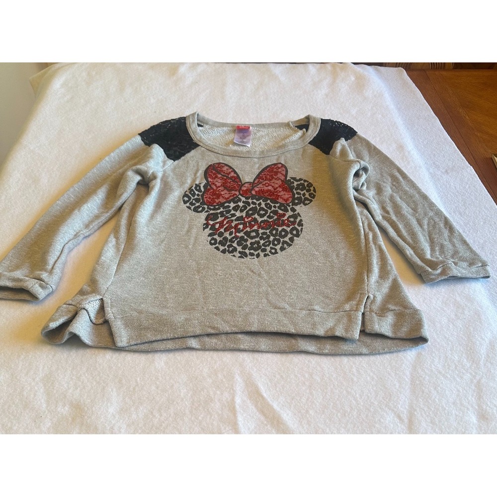 Disney Minnie Mouse Sweatshirt Juniors M Gray Leopard Print Lace Shoulder Top